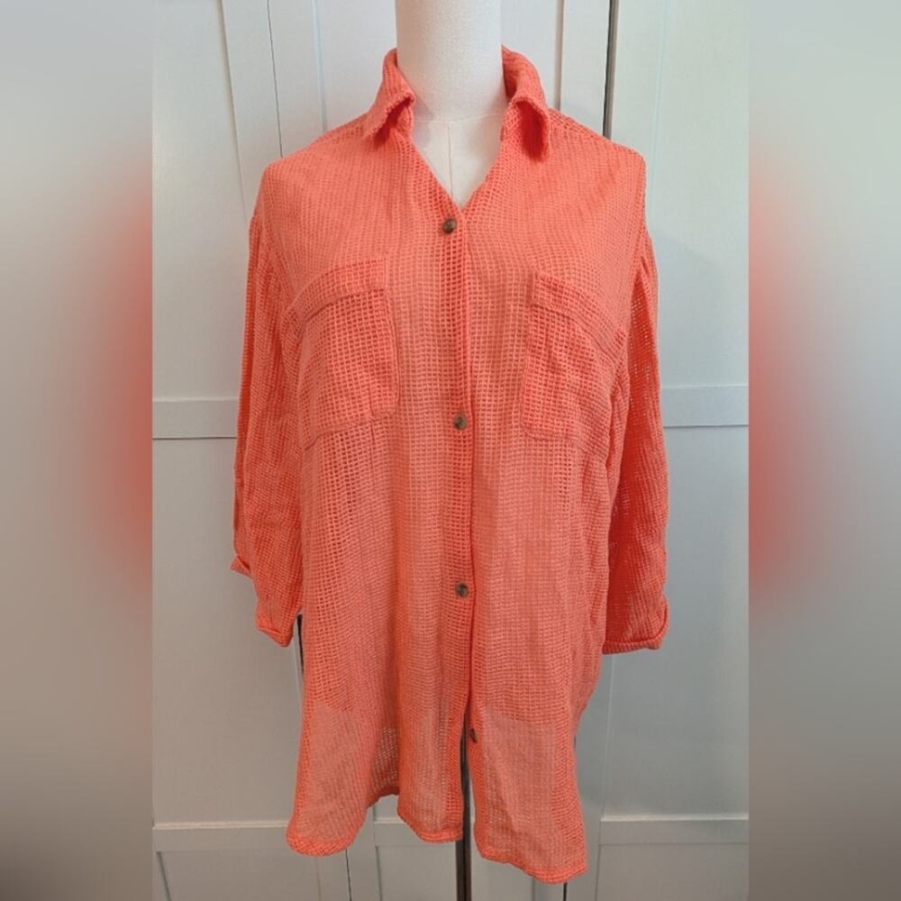 American Eagle Outfitters Coral Open Knit Cotton Beach Coverup Shirt Dress Small